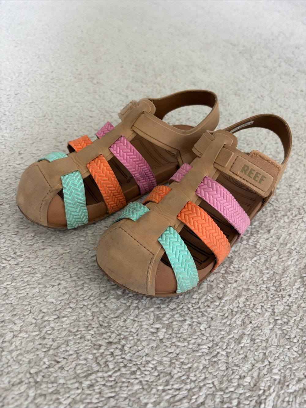 Reef Kids Water Beachy Tan Sandals with Pink, Orange & Mint Straps